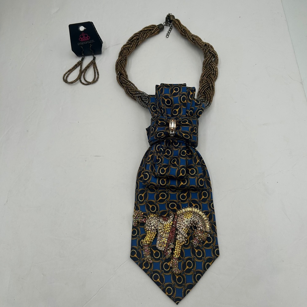 Club Room Silk Tie Horse Necklace Western Equestrian Blue Gold Crystal Brooch - Picture 9 of 12